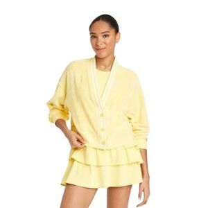JoyLab Women's Towel Terry Cardigan Midweight Deep V Neck Yellow Size XL New